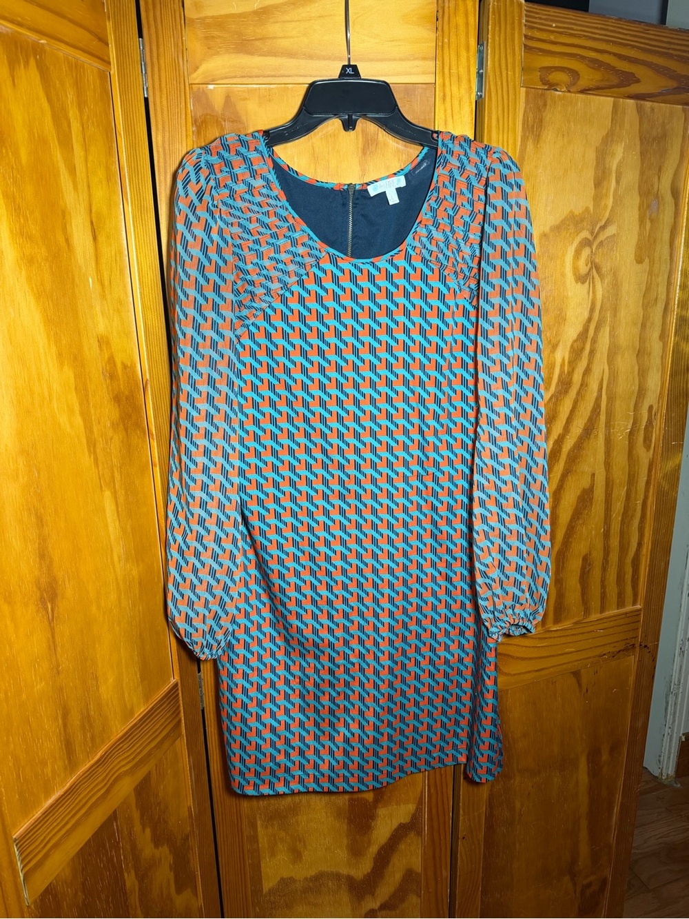 Geometric Print Long Sheer Sleeve Shift Dress|Teal & Orange|Sz L|Whimsical